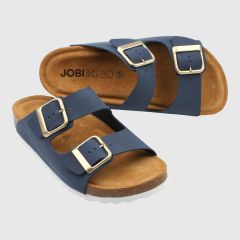 Navy sandal med exklusivt spänne och vit sula. Korkfotbädd.