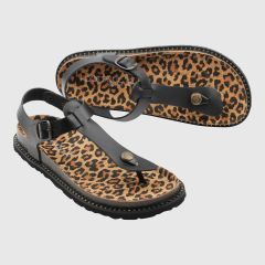 Svarta flip flops med korksula och leopardmönstrad komfortinnersula. Nitar längs utsidan.